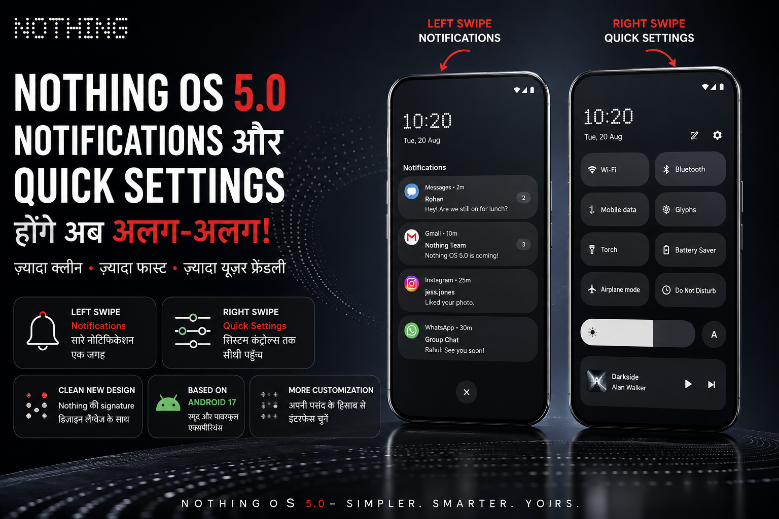 Nothing OS 5.0 में बदलेगा Notifications और Quick Settings का तरीका — जानिए नया Split Panel कैसे काम करेगा